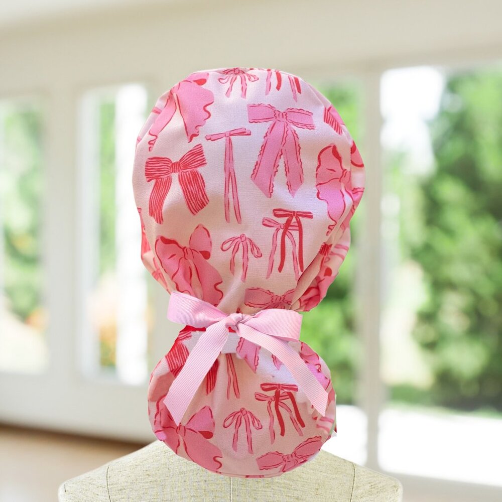 Premium Pink Bows~ Ponytail Scrub Cap, Surgical Hat, OR, MD, Vet, Tech, CNA gift